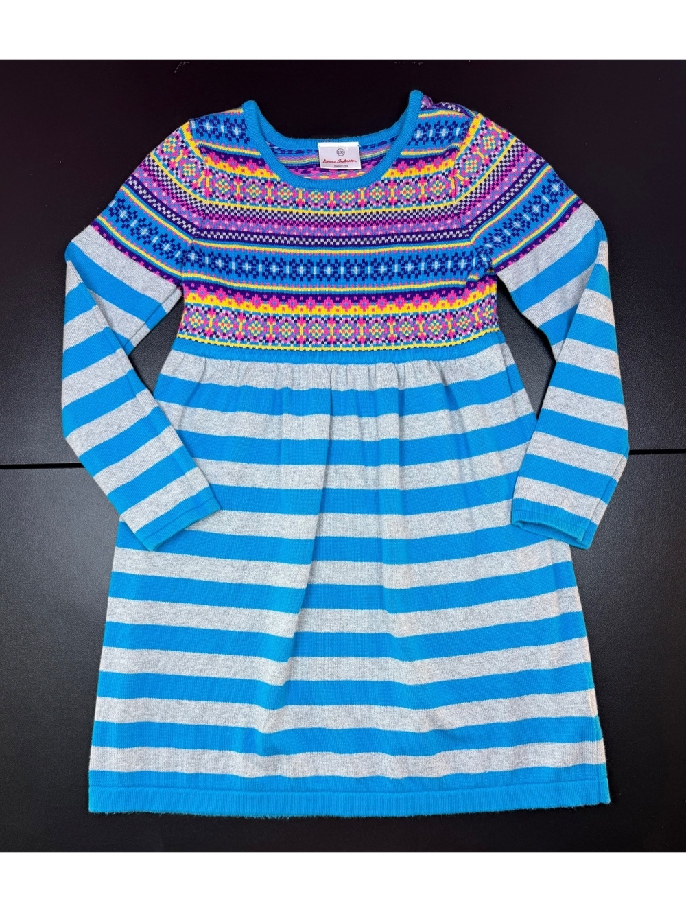 Hanna Andersson Girls 8 130 Fair Isle Sweater Dress Blue Striped Cotton Nordic